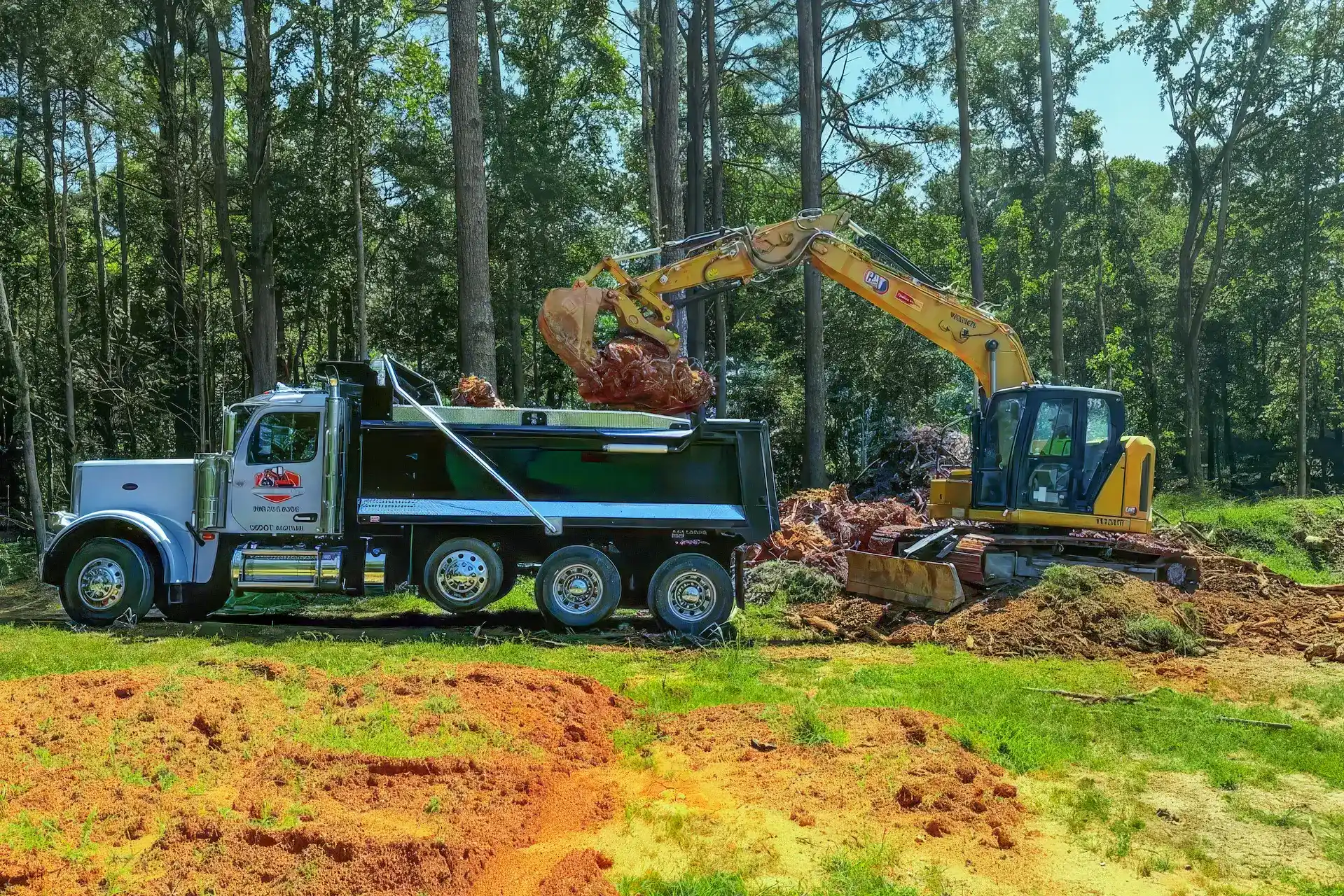 A yellow excavator loading tree stumps and debris into a dump truck in front of a forest.